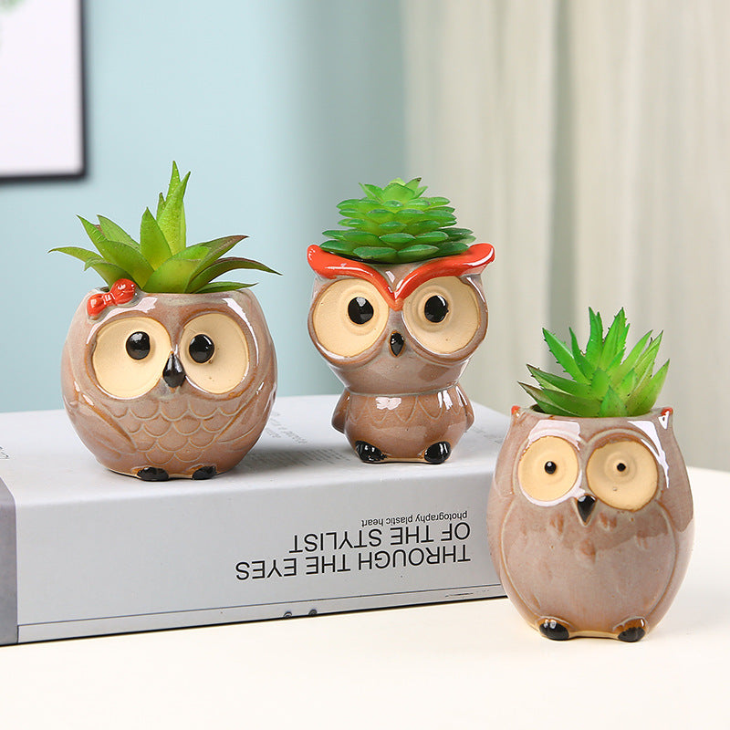 (Y)Horticultural Cute Owl Ceramic Flower Pot Succulent Plant Pottery Thumb Pot Ceramic Ornament