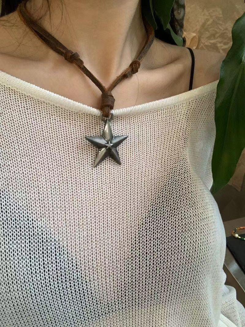 (Y)Adjustable personalized star pendant punk necklace cowhide alloy silver pentagram long necklace sweater chain