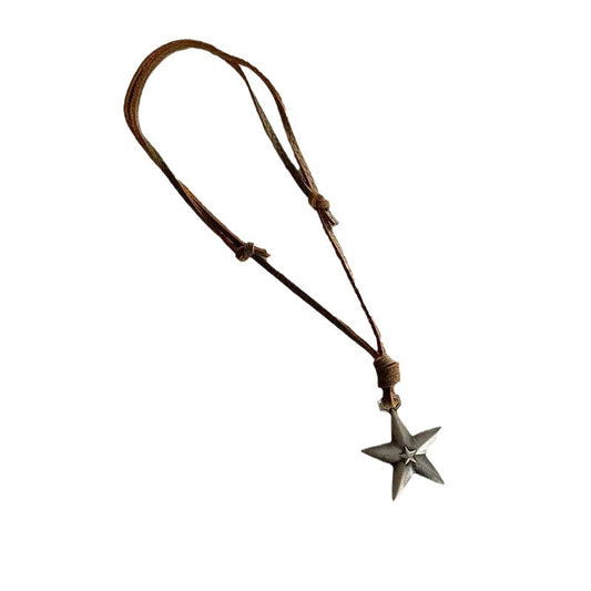 (Y)Adjustable personalized star pendant punk necklace cowhide alloy silver pentagram long necklace sweater chain