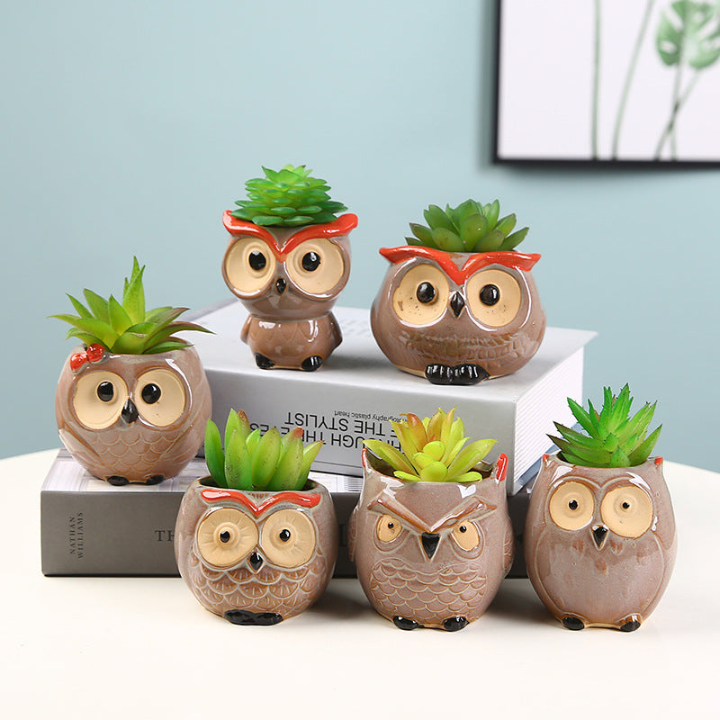 (Y)Horticultural Cute Owl Ceramic Flower Pot Succulent Plant Pottery Thumb Pot Ceramic Ornament