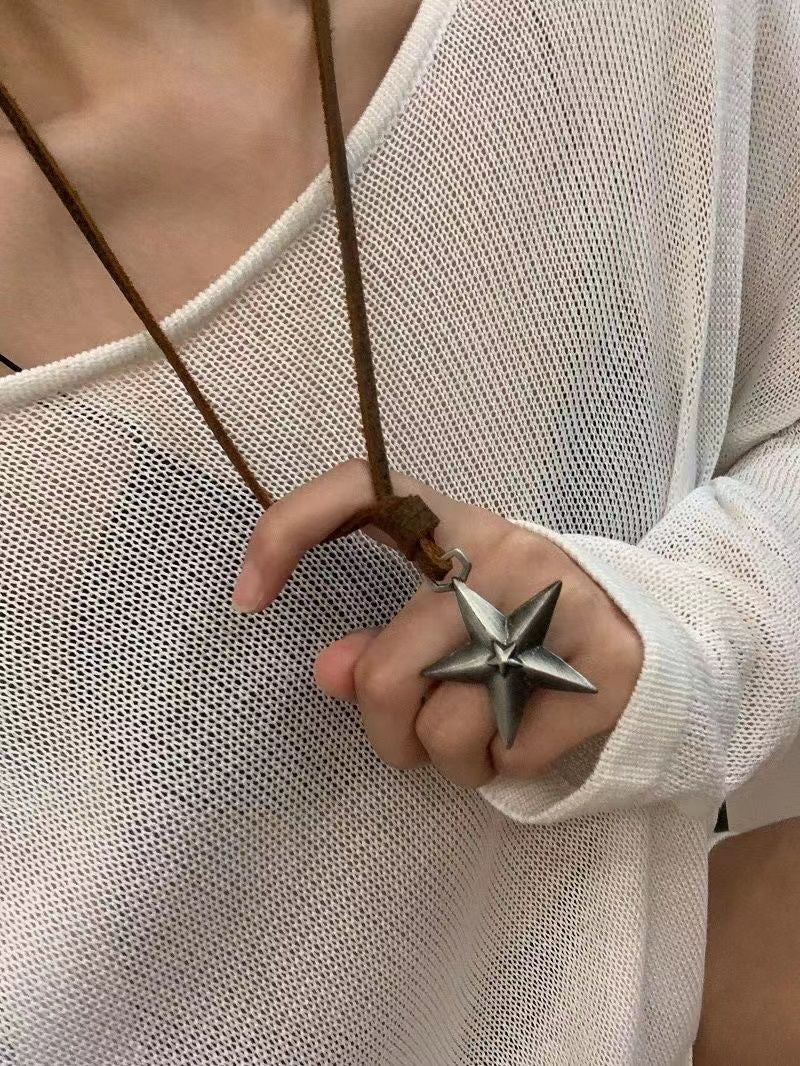 (Y)Adjustable personalized star pendant punk necklace cowhide alloy silver pentagram long necklace sweater chain