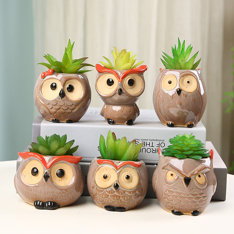 (Y)Horticultural Cute Owl Ceramic Flower Pot Succulent Plant Pottery Thumb Pot Ceramic Ornament