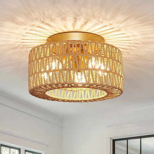 Boho Ceiling Light, 3 Bulbs, Vintage Ceiling Light with Rattan Lampshade, Pendant Lamp, E27 Socket