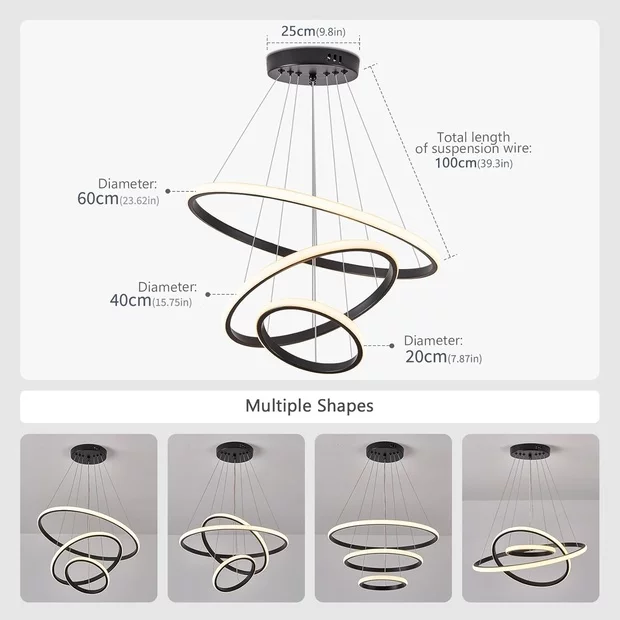 (P)Dining Table Light 60cm Height Adjustable, 45W 3 Flame Pendant Light Dimmable with Remote Control LED Pendant Light