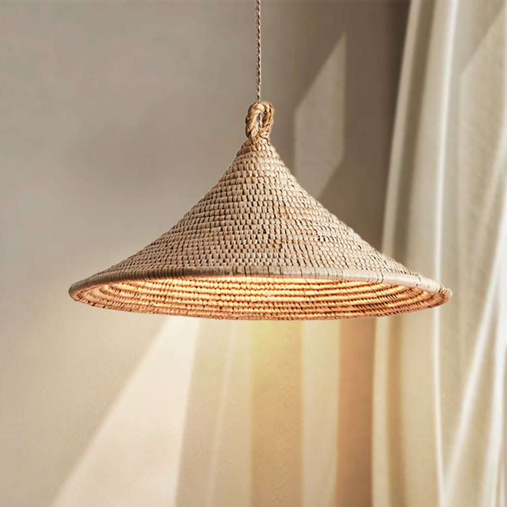(Q) Hand Woven Rattan Pendant Light, Bohemian Rain Umbrella Lampshade Rattan Woven Pendant Light, Suitable for Living Room, Dining Room, Bedroom