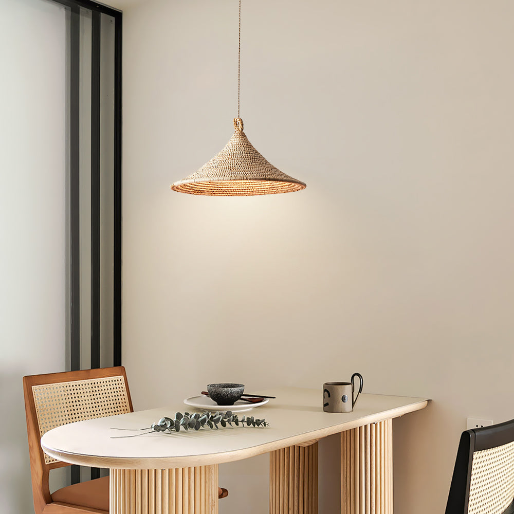 (Q) Hand Woven Rattan Pendant Light, Bohemian Rain Umbrella Lampshade Rattan Woven Pendant Light, Suitable for Living Room, Dining Room, Bedroom