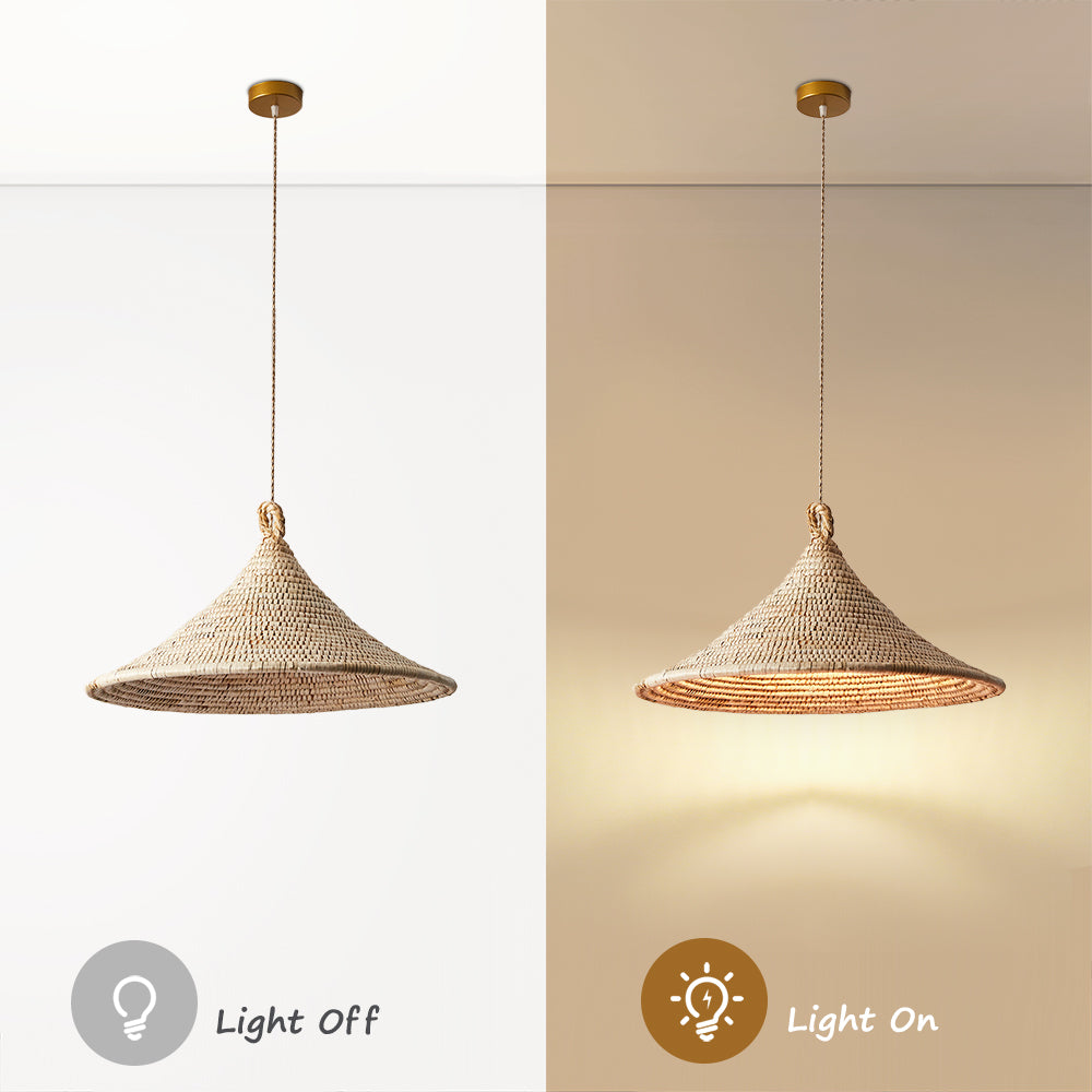 (Q) Hand Woven Rattan Pendant Light, Bohemian Rain Umbrella Lampshade Rattan Woven Pendant Light, Suitable for Living Room, Dining Room, Bedroom