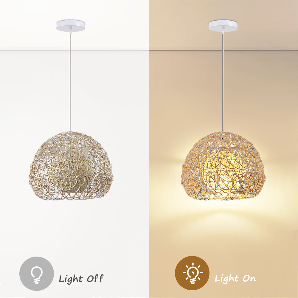 (Q) 11.8-Inch Rattan Pendant Light, Bohemian Style Spherical Lampshade Rattan Pendant Light, Suitable For Living Room, Dining Room, Bedroom