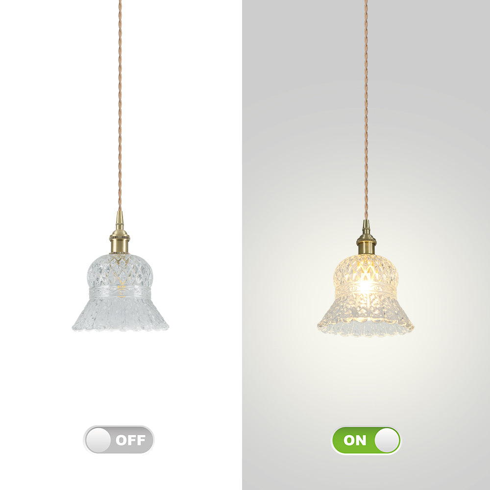 (Q) 6.3-Inch Glass Pendant Light, Retro Elegant Style Bell Shaped Lampshade Glass Pendant Light, Suitable for Living Room, Dining Room, Bedroom
