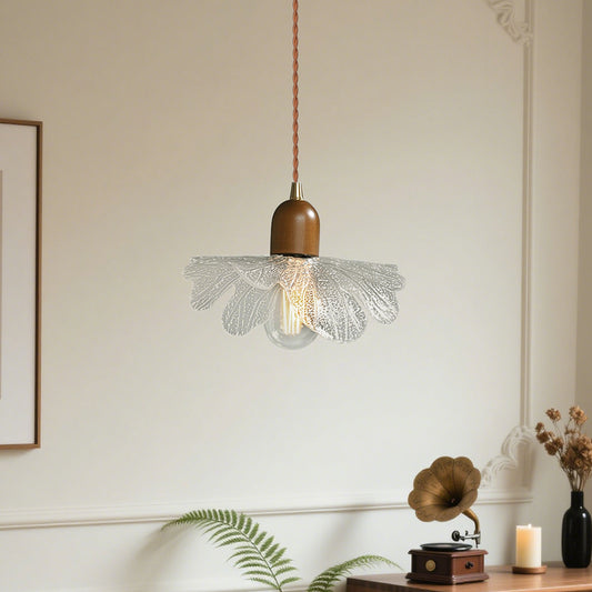 (Q) 10.23-Inch Glass Pendant Light, Retro Style Flower Shaped Lampshade Glass Pendant Light, Suitable for Living Room, Dining Room, Bedroom