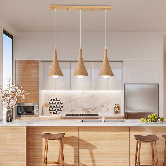 (Q) Large Three Pendant Lamp With Modern Minimalist Style, Conical Lampshade, Wooden Pendant Lamp, Suitable For Bedrooms, Living Rooms