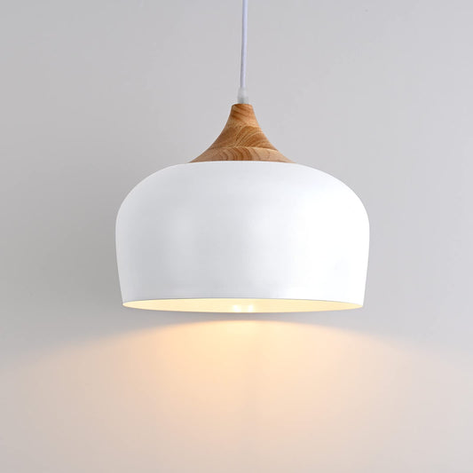 (Y)Modern Solid Wood Pendant Light, Large Ceiling Pendant with Dome Metal Shade, Adjustable Fixture for Kitchen Island, Dining Room, Bedroom, Hallway, Entrance - White