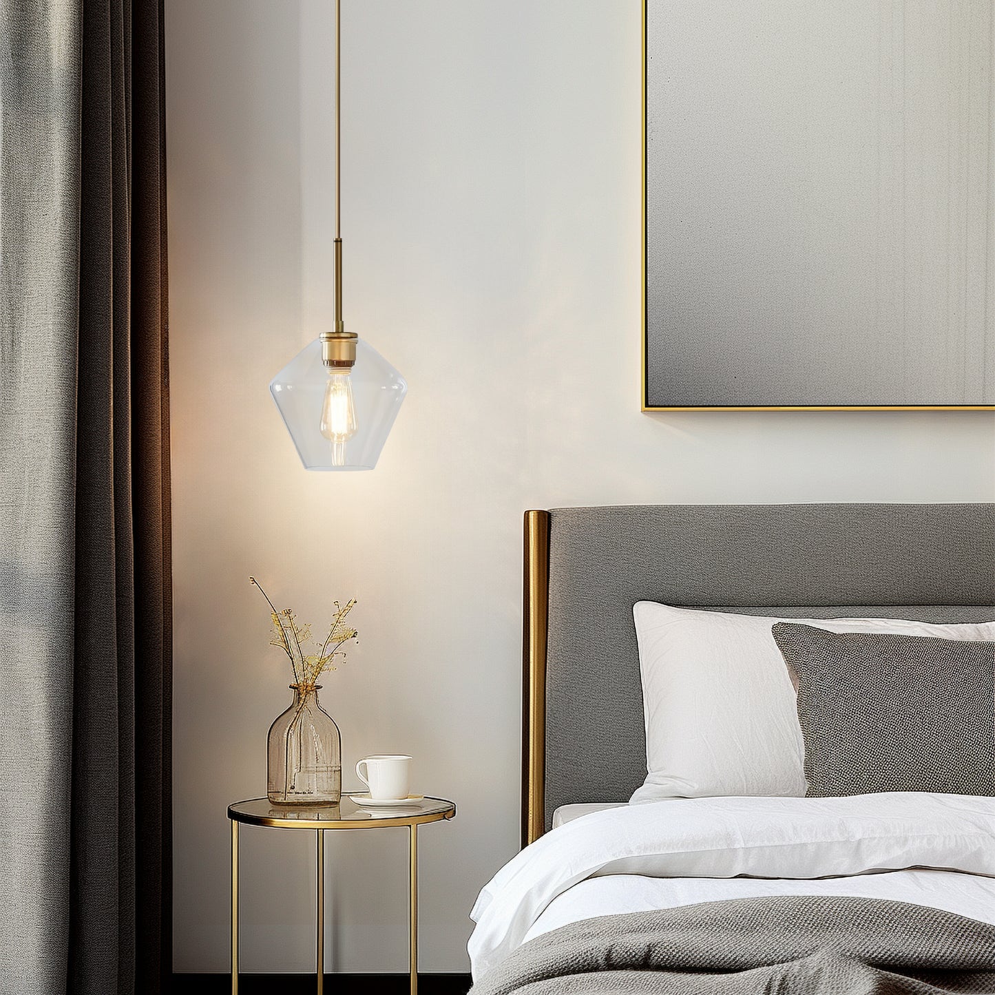 (X) Postmodern Gold Pendant Light - Adjustable Clear Glass LED Fixture for Living Room, Dining, Cafe and Hotel (E27 Socket,Clear Finish)