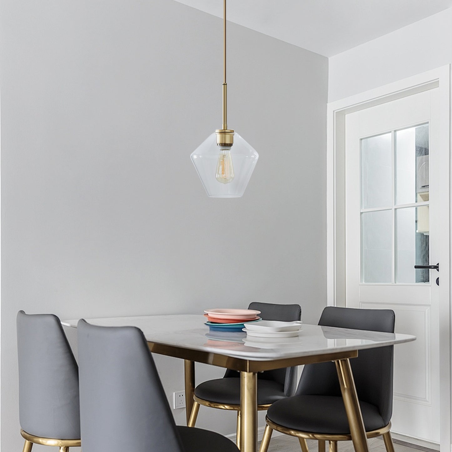 (X) Postmodern Gold Pendant Light - Adjustable Clear Glass LED Fixture for Living Room, Dining, Cafe and Hotel (E27 Socket,Clear Finish)