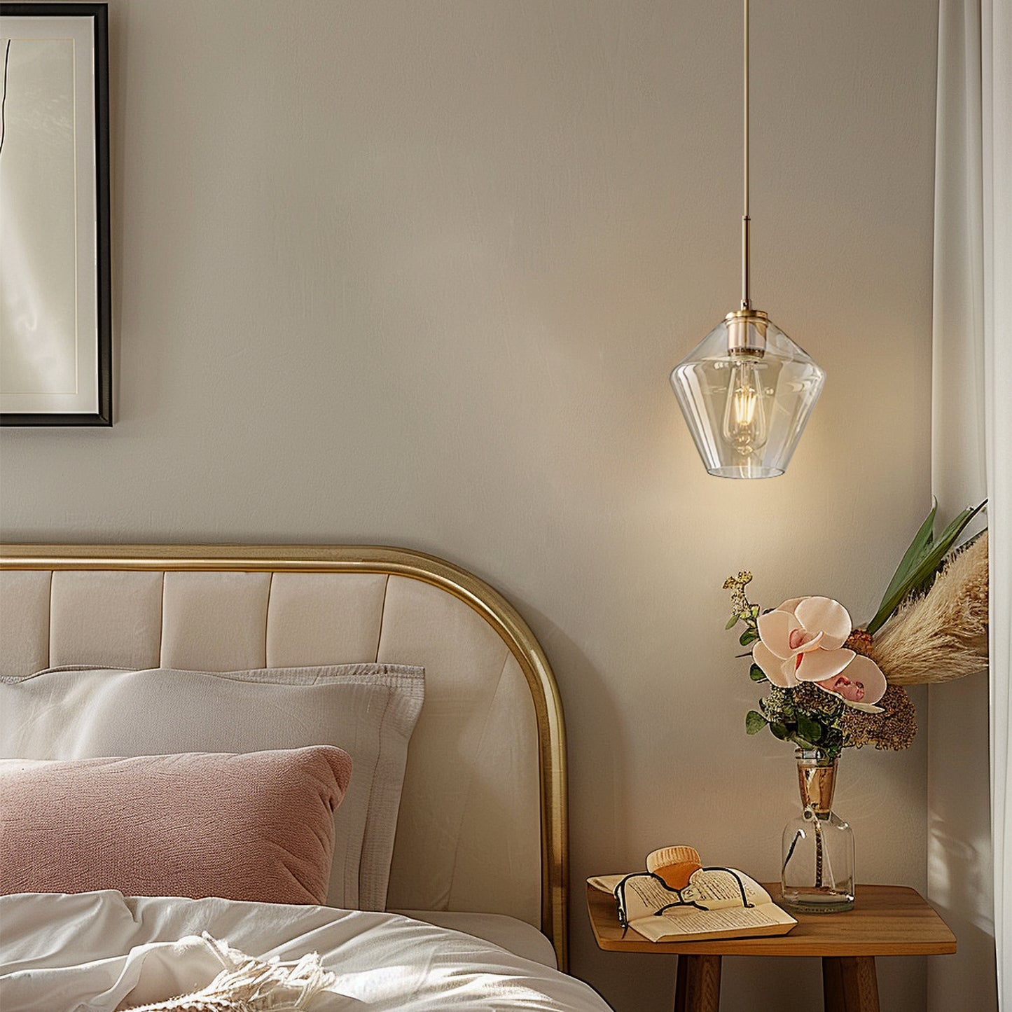 (X) Postmodern Gold Pendant Light - Adjustable Clear Glass LED Fixture for Living Room, Dining, Cafe and Hotel (E27 Socket, Champagne Finish)