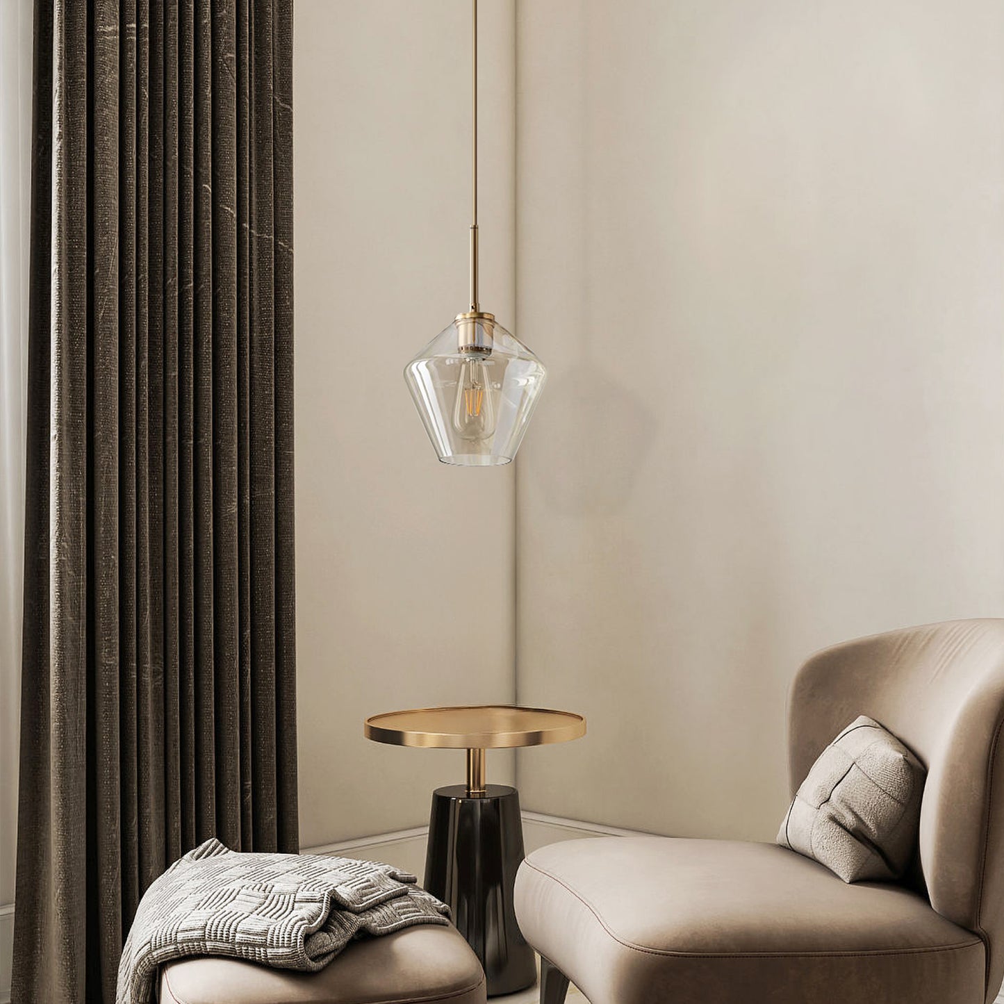 (X) Postmodern Gold Pendant Light - Adjustable Clear Glass LED Fixture for Living Room, Dining, Cafe and Hotel (E27 Socket, Champagne Finish)