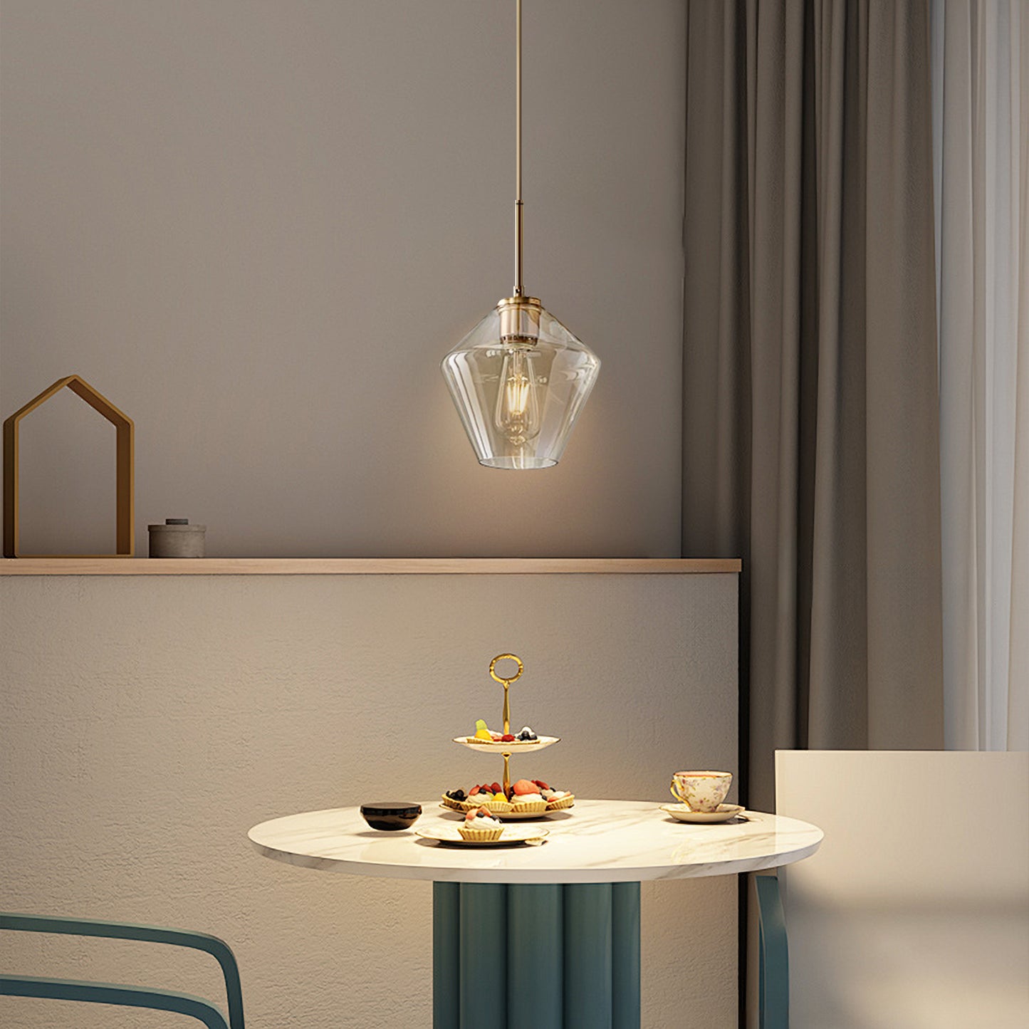 (X) Postmodern Gold Pendant Light - Adjustable Clear Glass LED Fixture for Living Room, Dining, Cafe and Hotel (E27 Socket, Champagne Finish)