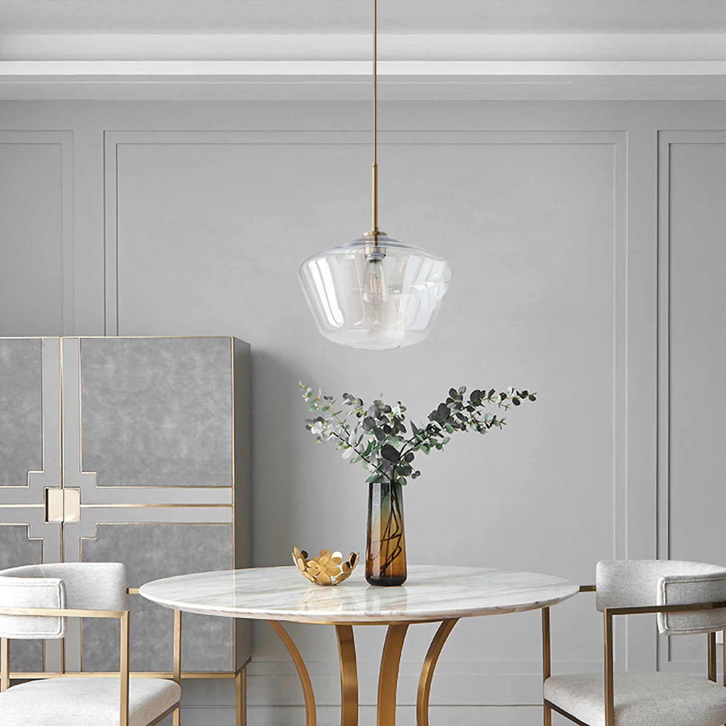 (X) Postmodern Gold Pendant Light - Adjustable Clear Glass LED Fixture for Living Room, Dining, Cafe and Hotel (E27 Socket,Clear Finish)