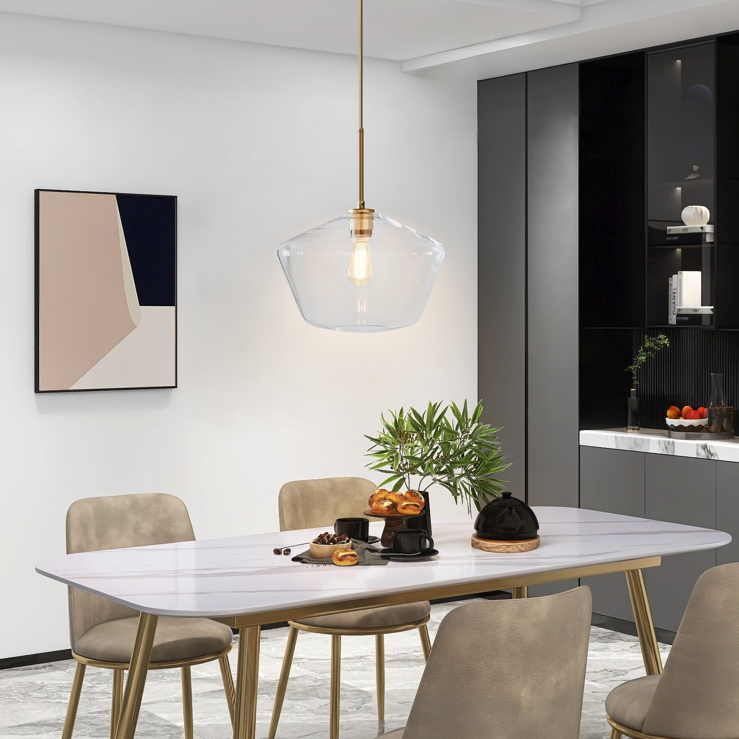 (X) Postmodern Gold Pendant Light - Adjustable Clear Glass LED Fixture for Living Room, Dining, Cafe and Hotel (E27 Socket,Clear Finish)