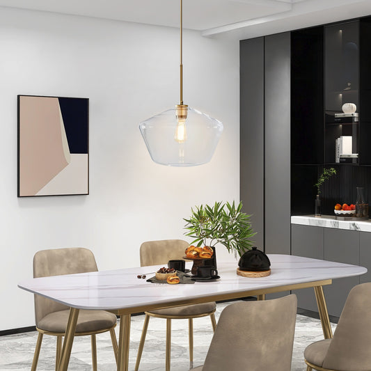 (X) Postmodern Gold Pendant Light - Adjustable Clear Glass LED Fixture for Living Room, Dining, Cafe and Hotel (E27 Socket,Clear Finish)