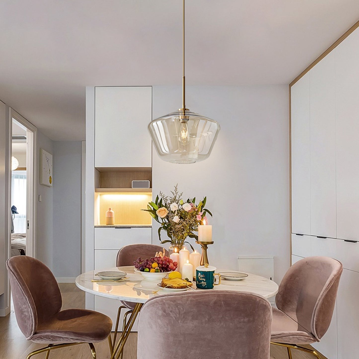 (X) Postmodern Gold Pendant Light - Adjustable Clear Glass LED Fixture for Living Room, Dining, Cafe and Hotel (E27 Socket, Champagne Finish)