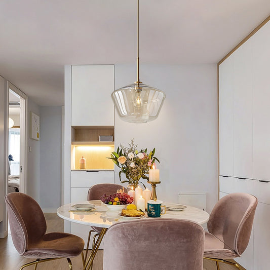 (X) Postmodern Gold Pendant Light - Adjustable Clear Glass LED Fixture for Living Room, Dining, Cafe and Hotel (E27 Socket, Champagne Finish)
