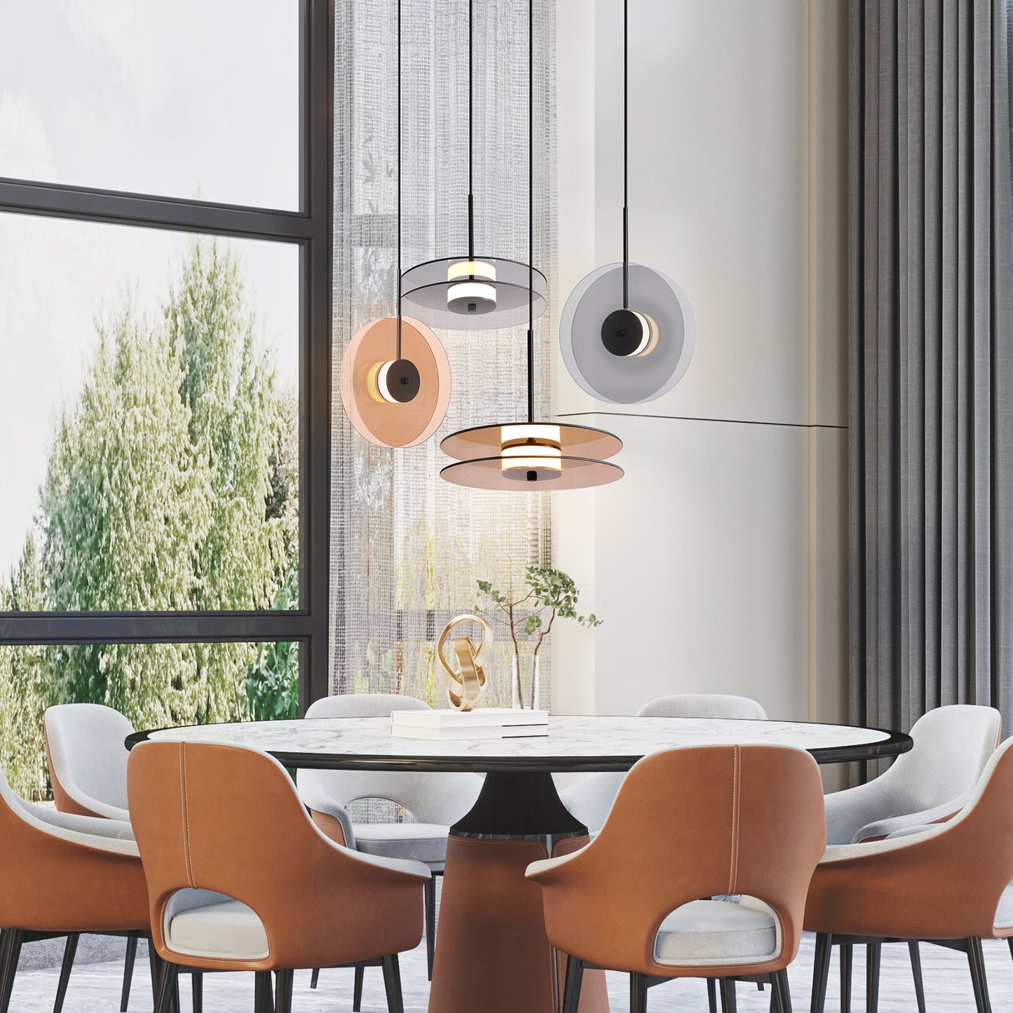 (X) Horizontal Nordic Postmodern Glass Disc Pendant Light -Flying Saucer Chandelier for Dining Room, Bedroom, Bar, Amber