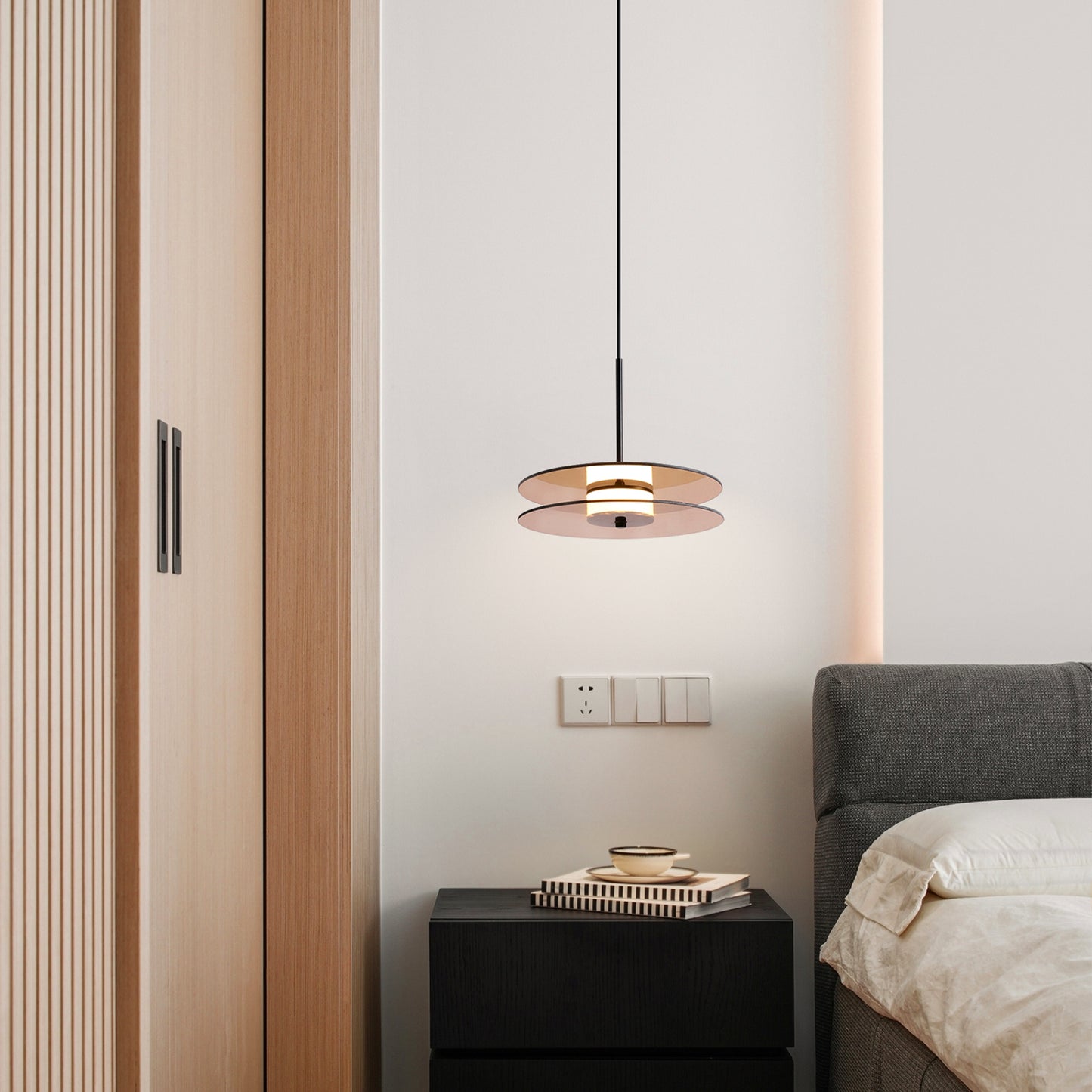 (X) Horizontal Nordic Postmodern Glass Disc Pendant Light -Flying Saucer Chandelier for Dining Room, Bedroom, Bar, Amber