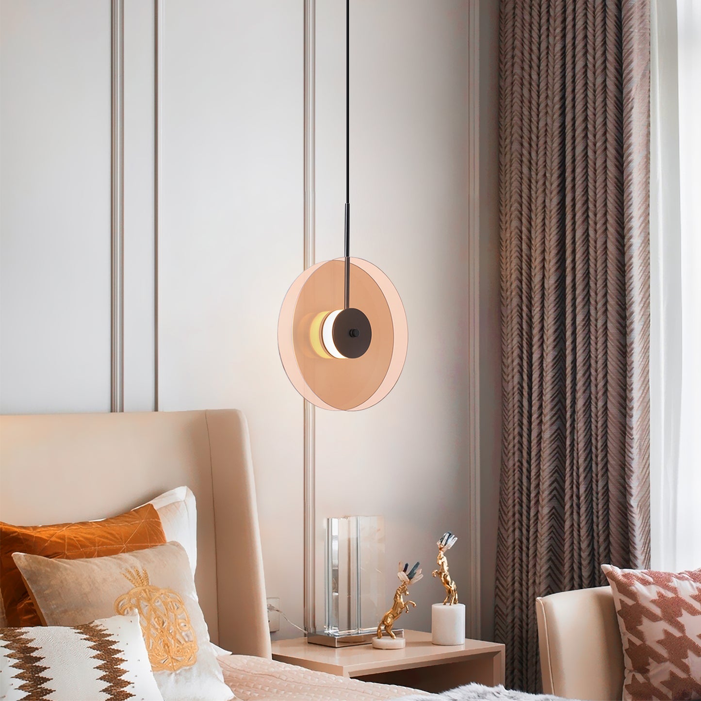 (X)Vertical Nordic Postmodern Glass Disc Pendant Light - Flying Saucer Chandelier for Dining Room, Bedroom, Bar, Amber