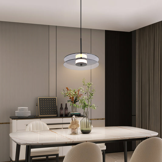 (X) Horizontal Nordic Postmodern Glass Disc Pendant Light -Flying Saucer Chandelier for Dining Room, Bedroom, Bar, Smoke Grey