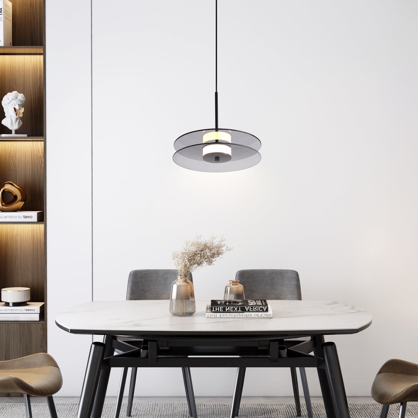 (X) Horizontal Nordic Postmodern Glass Disc Pendant Light -Flying Saucer Chandelier for Dining Room, Bedroom, Bar, Smoke Grey