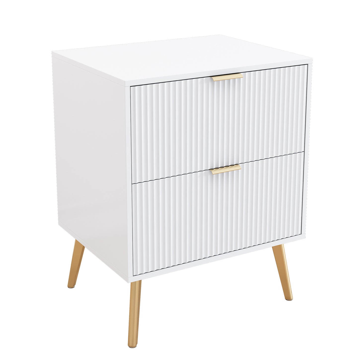 White Lacquered Double Drawer Bedside Table with Gold-Plated Feet and Knobs