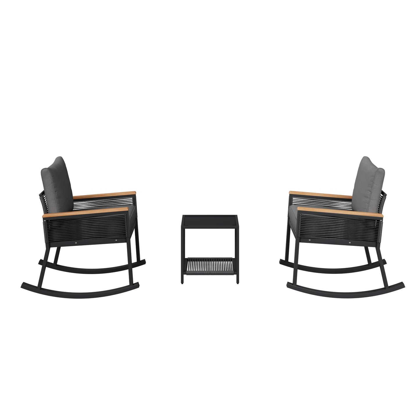 3-piece set, rope rocking chair set, glass coffee table with seat cushion and backrest, suitable for garden, terrace
