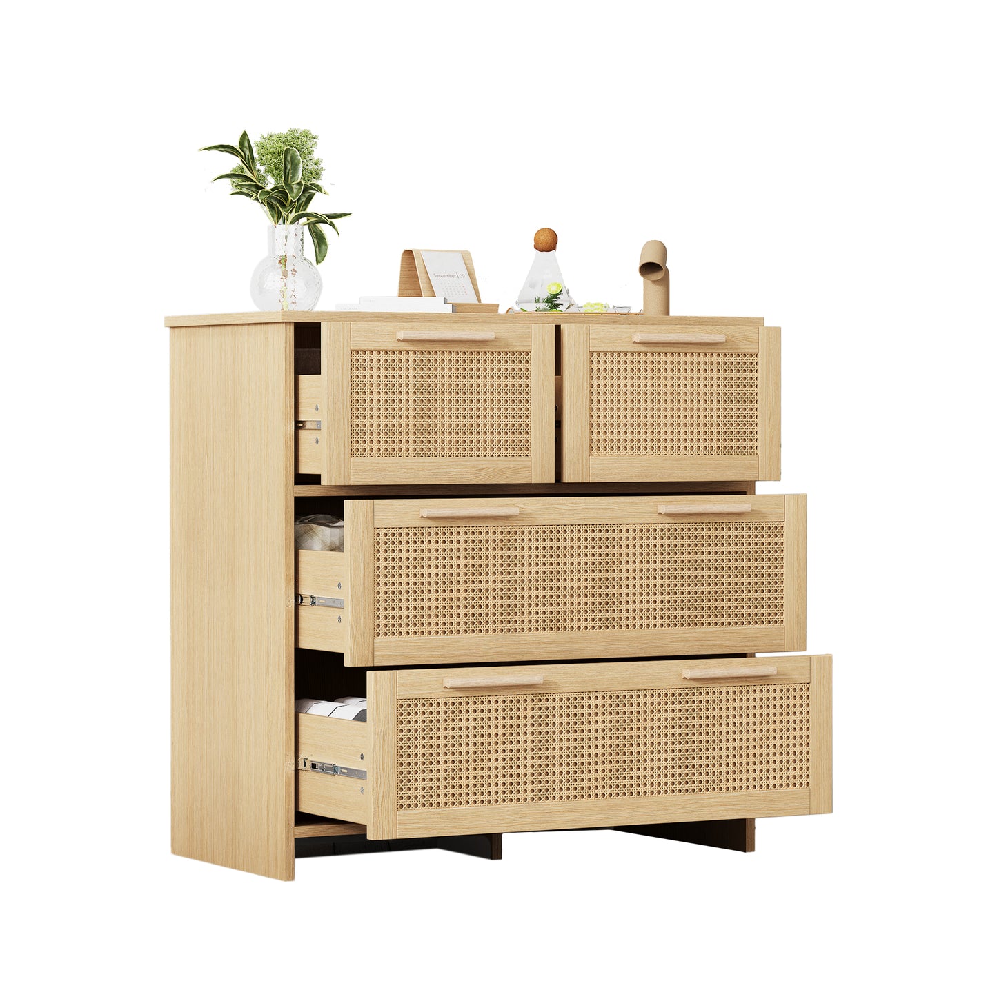 Premium 4-Drawer Rattan Cabinet with Solid Wood Handles - Versatile Storage for Home