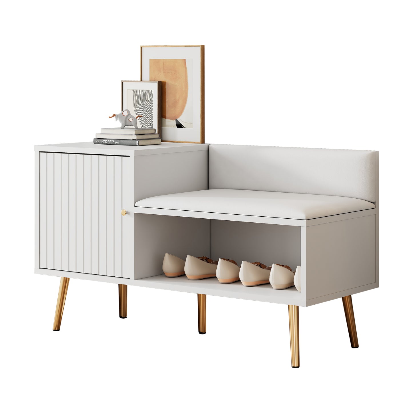 Modern Luxurious White Shoe Chest with Padded Bench and Ample Storage