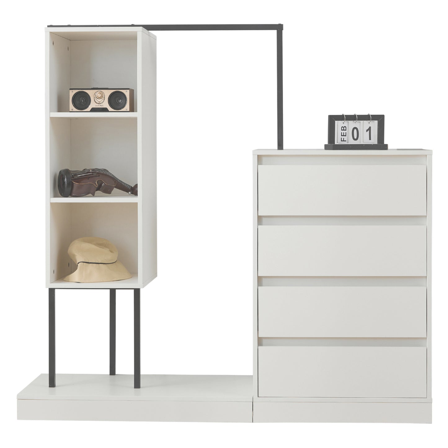 White Drawer Cabinet- Wardrobe Set - Modern Storage Solutions with Clothes Rail, W140/W40/H135 cm