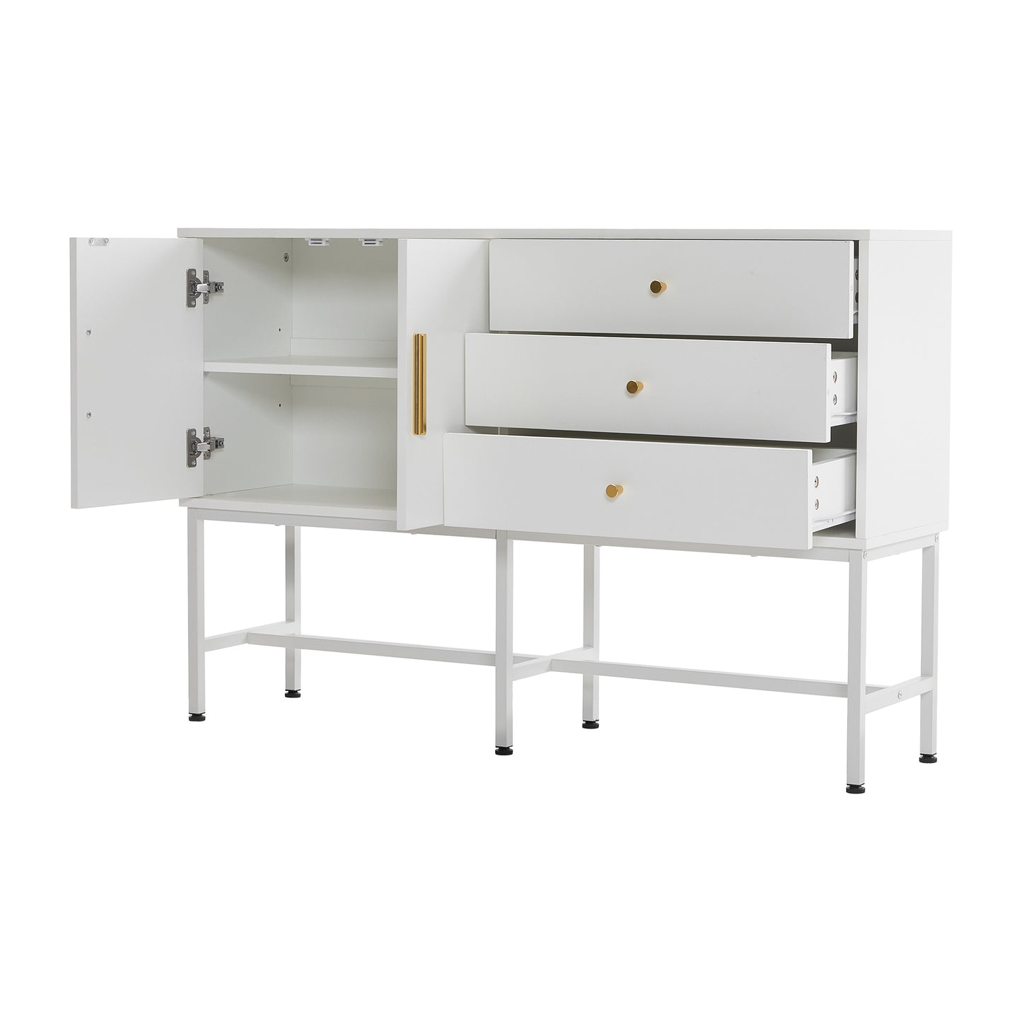 Elegant White Sideboard Cabinet with 2 Doors & 3 Drawers, Gold Handles, Metal Feet, 120cm Wide