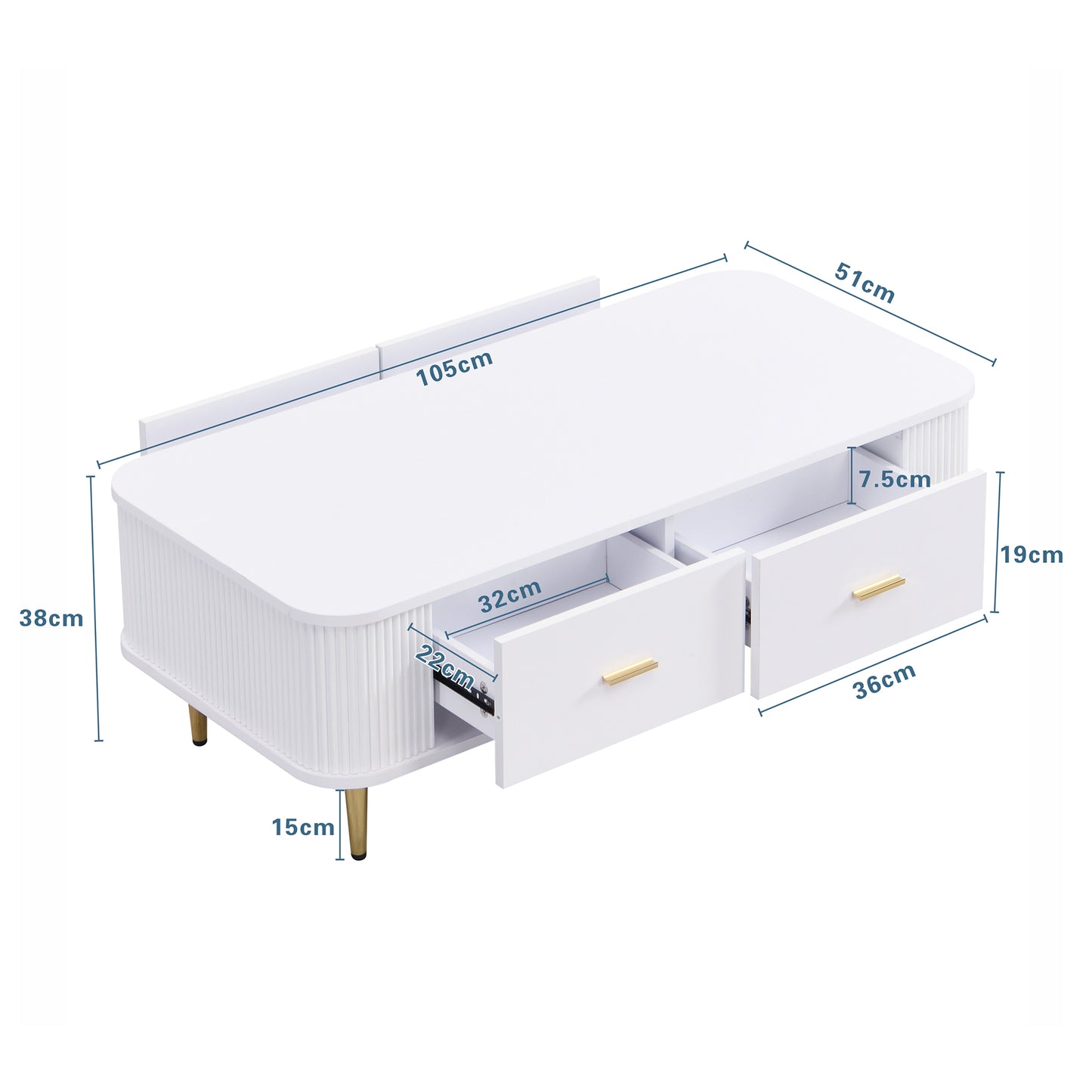 Elegant Wavy Sides Coffee Table with Gold Handles and Drawers