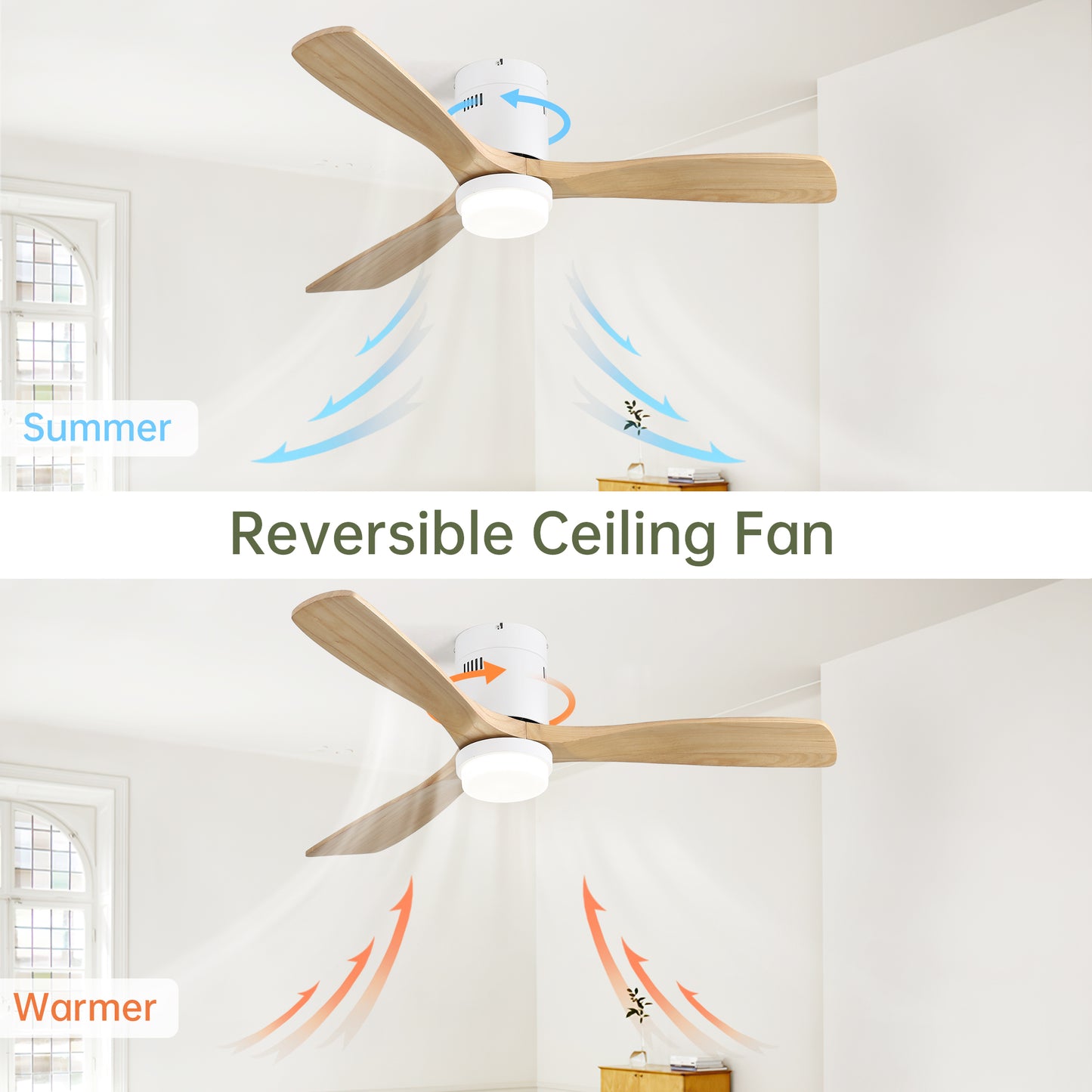 52" Decorative Ceiling Fan with 6-Speed Remote, White Solid Wood Blades & Reversible DC Motor for Living Room