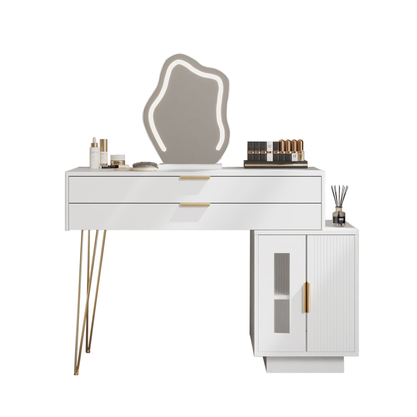 Modern White Vanity Table with Extendable Design and 3-Color LED Mirror - Stylish Bedroom Dressing Table
