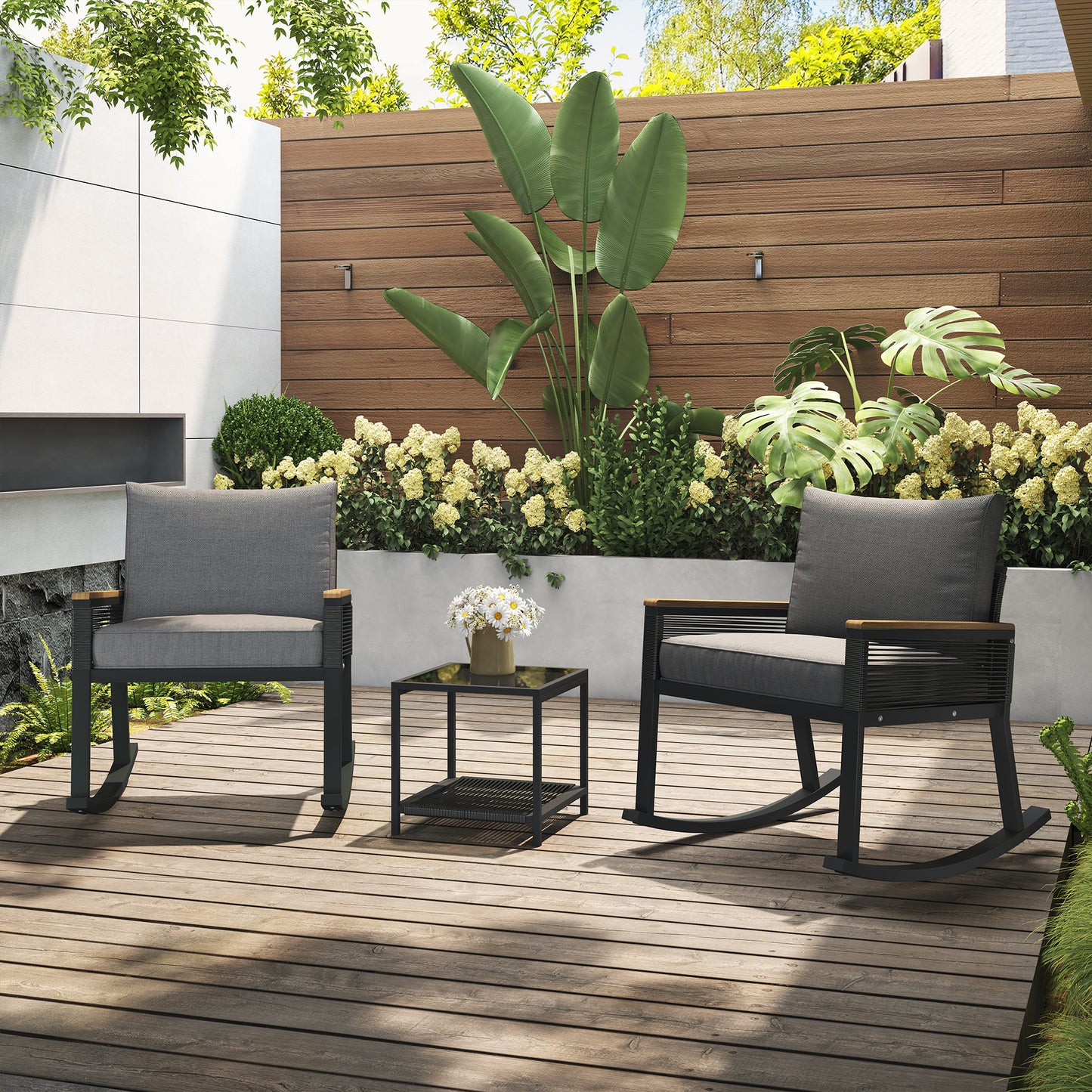 3-piece set, rope rocking chair set, glass coffee table with seat cushion and backrest, suitable for garden, terrace