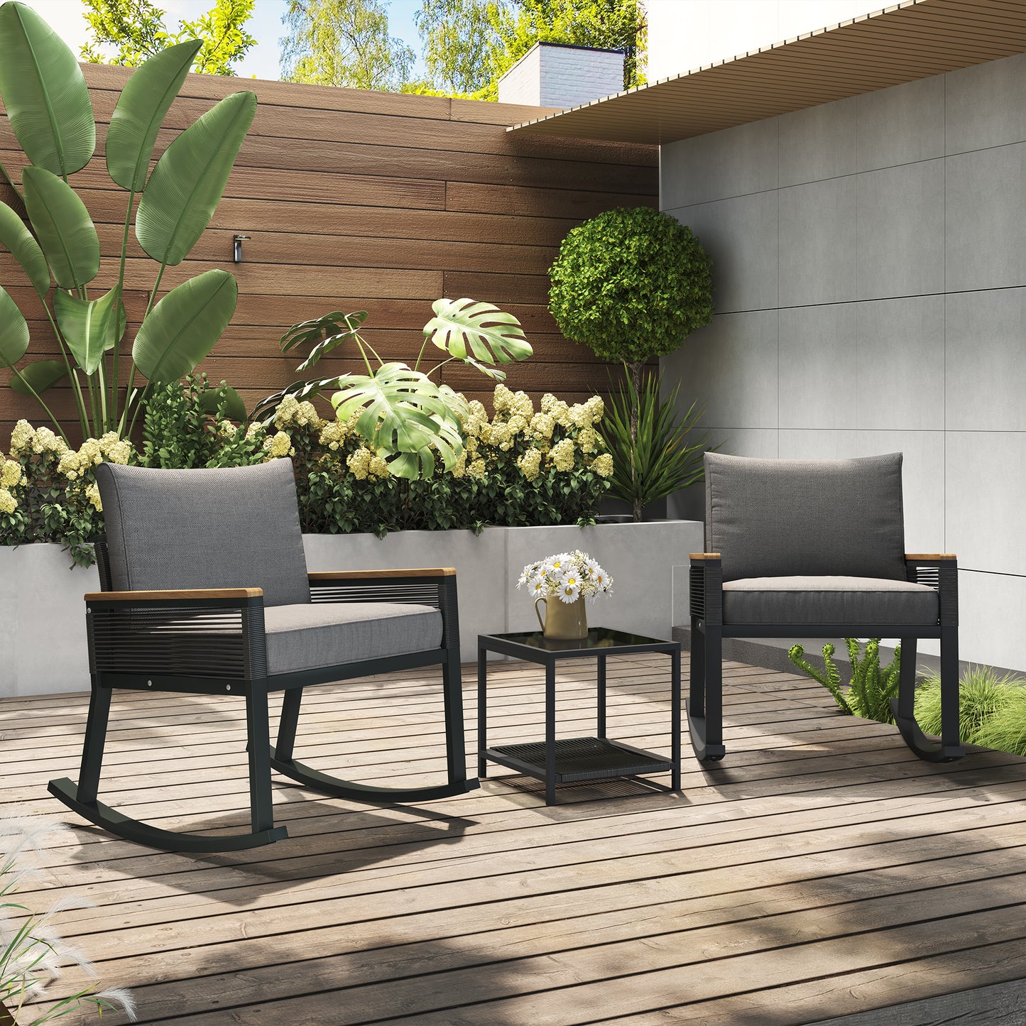 3-piece set, rope rocking chair set, glass coffee table with seat cushion and backrest, suitable for garden, terrace
