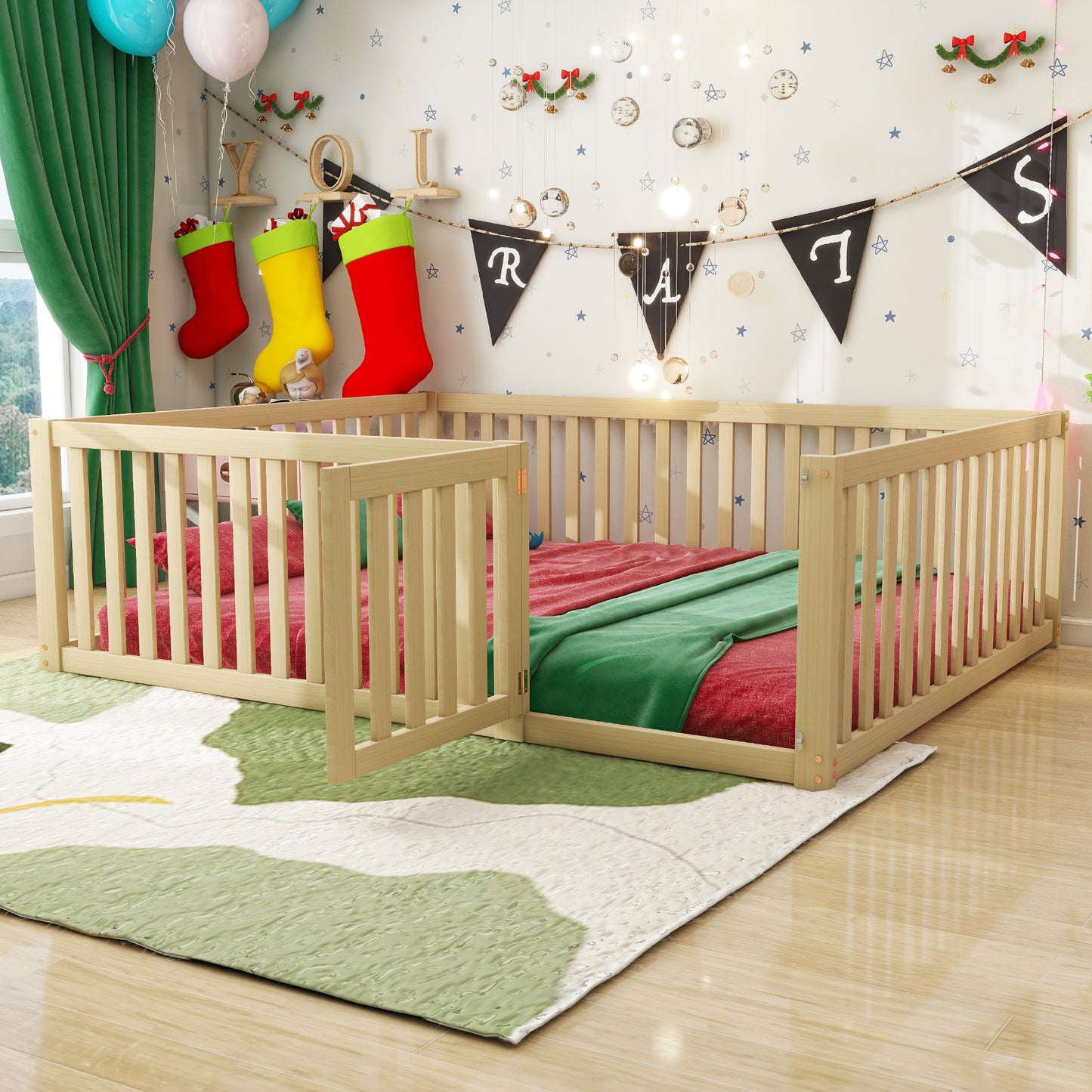 Wooden Floor Bed Frame for Children - 140 x 200 cm with Fence and Door