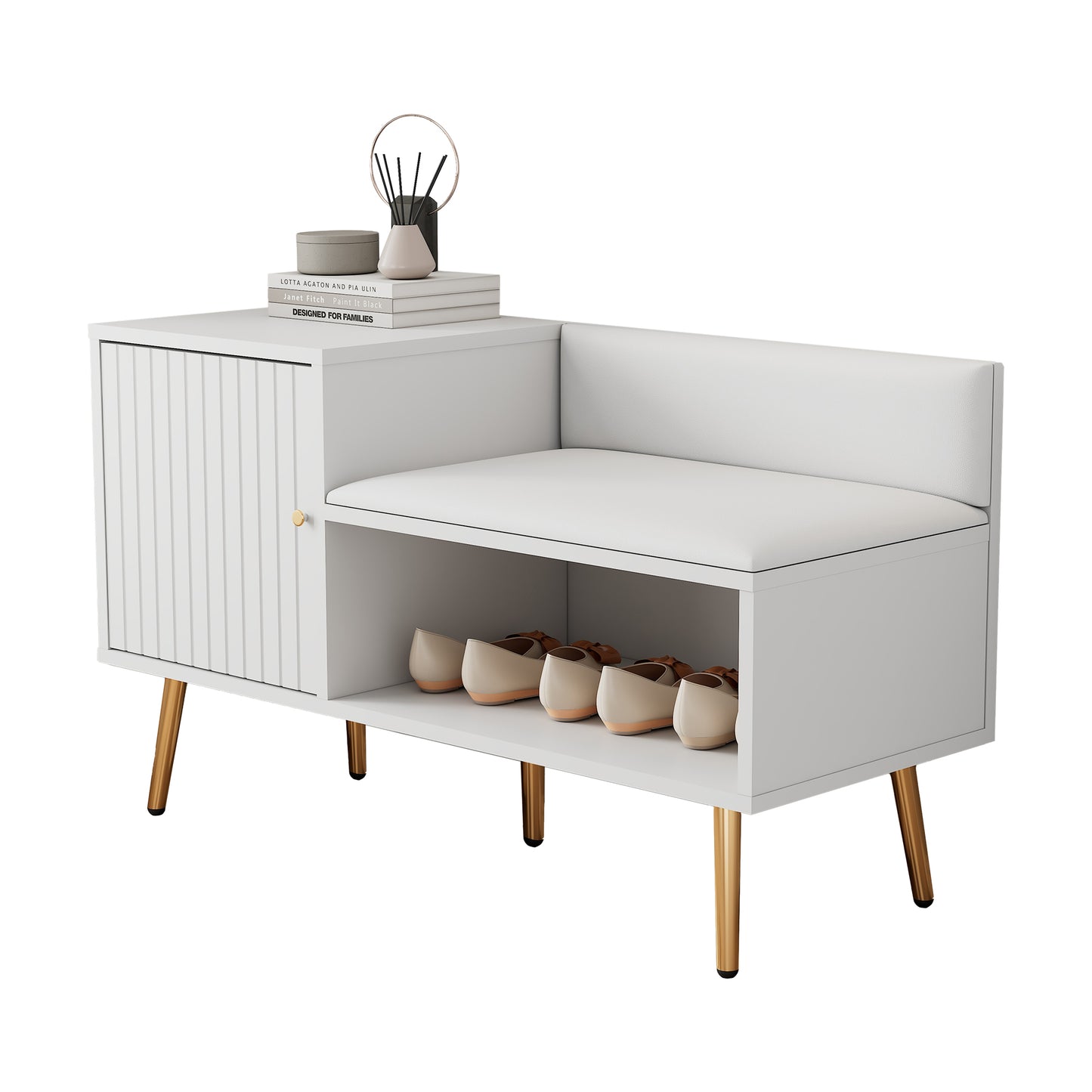 Modern Luxurious White Shoe Chest with Padded Bench and Ample Storage