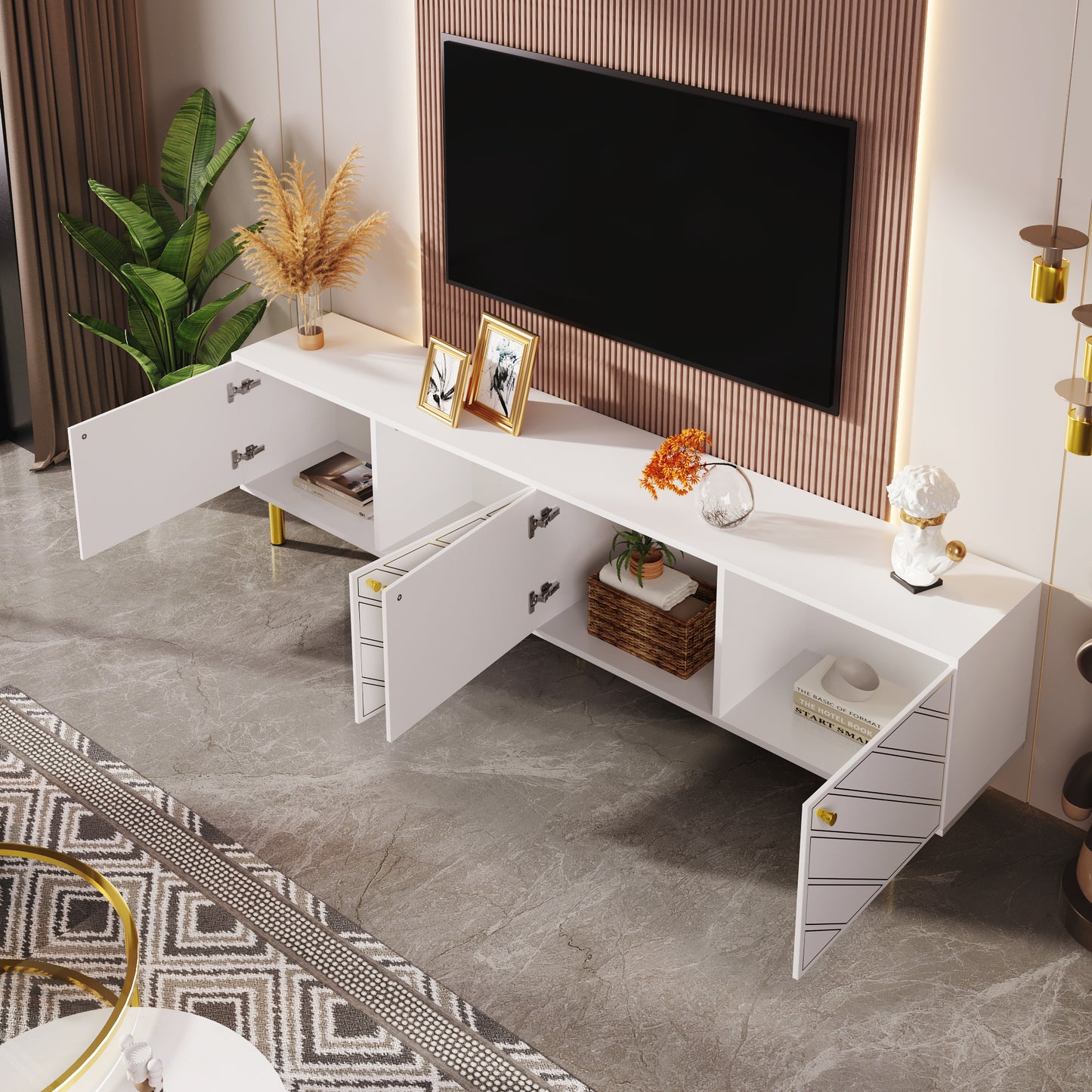 Elegant White 4-Door TV Cabinet with Gold Hardware for Versatile Interiors