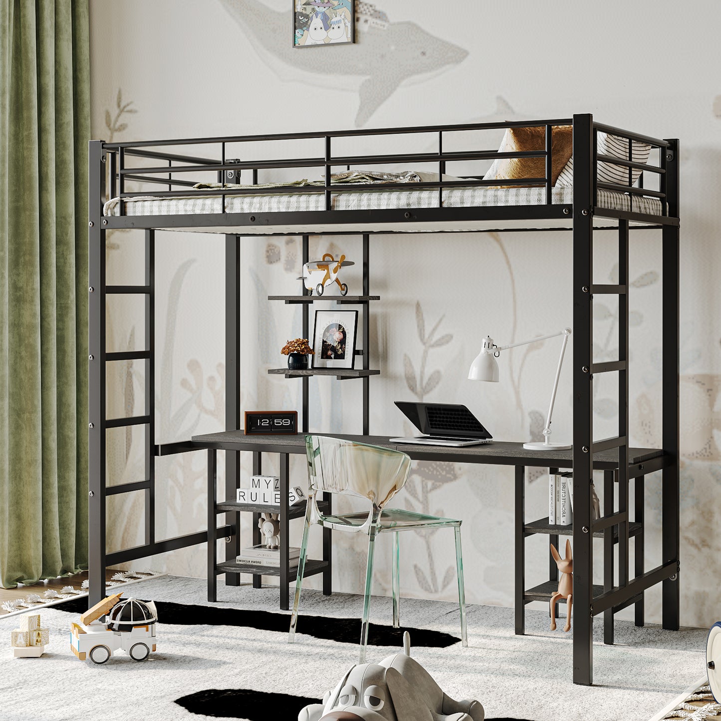 Black Iron and MDF Bunk Bed with Table and Shelves - Children's Safety Bed