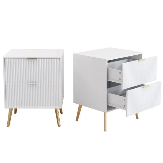 White Lacquered Double Drawer Bedside Table with Gold-Plated Feet and Knobs