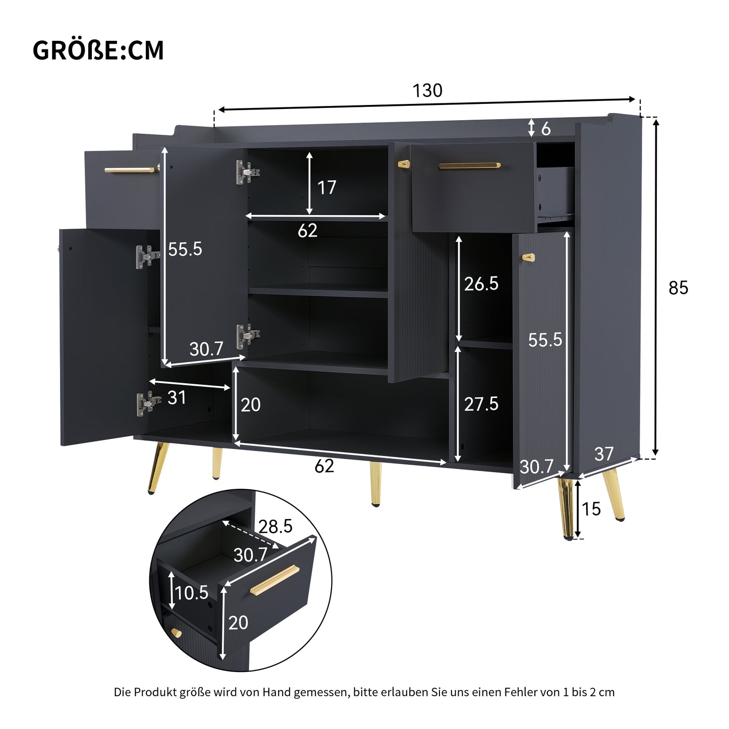 Black Shoe Cabinet with 2 Drawers, 4 Doors, Metal Feet