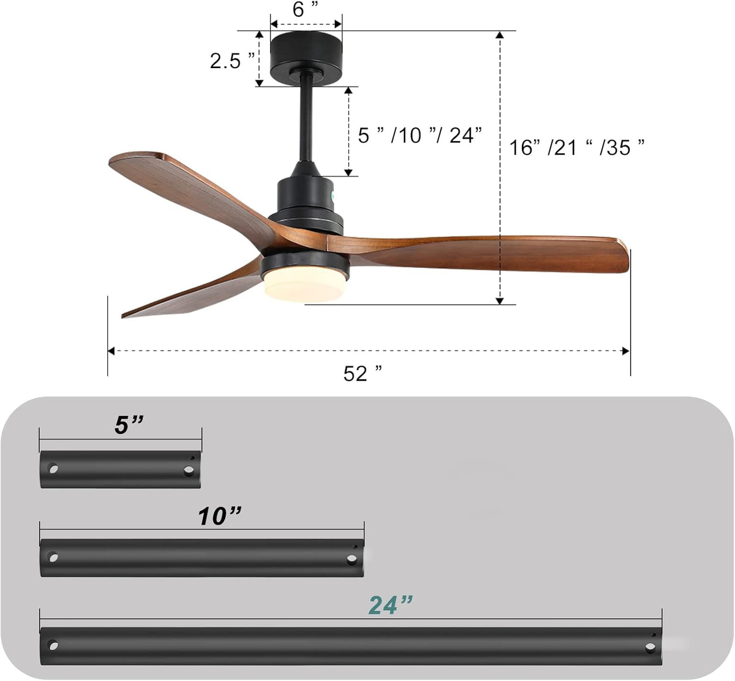 52" Ceiling Fan with Light, 6-Speed Remote Control, Reversible & Energy-Saving DC Motor