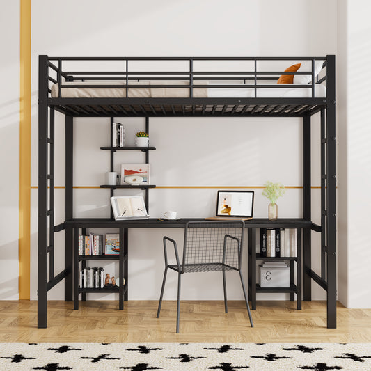 Black Iron and MDF Bunk Bed with Table and Shelves - Children's Safety Bed